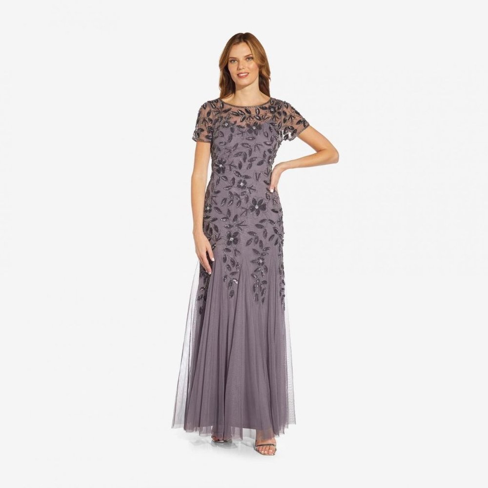 Adrianna Papell Women's Floral Beaded Godet Gown moonscape 10